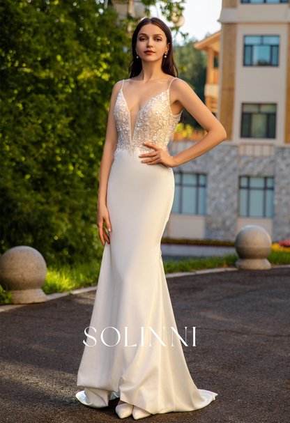 Italian Satin Wedding Dress with 3D Floral Lace and Deep V-Neckline