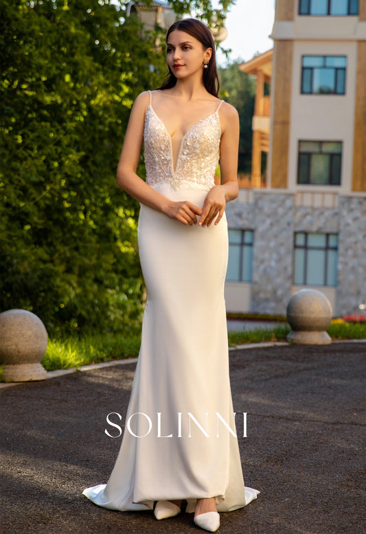Italian Satin Wedding Dress with 3D Floral Lace and Deep V-Neckline