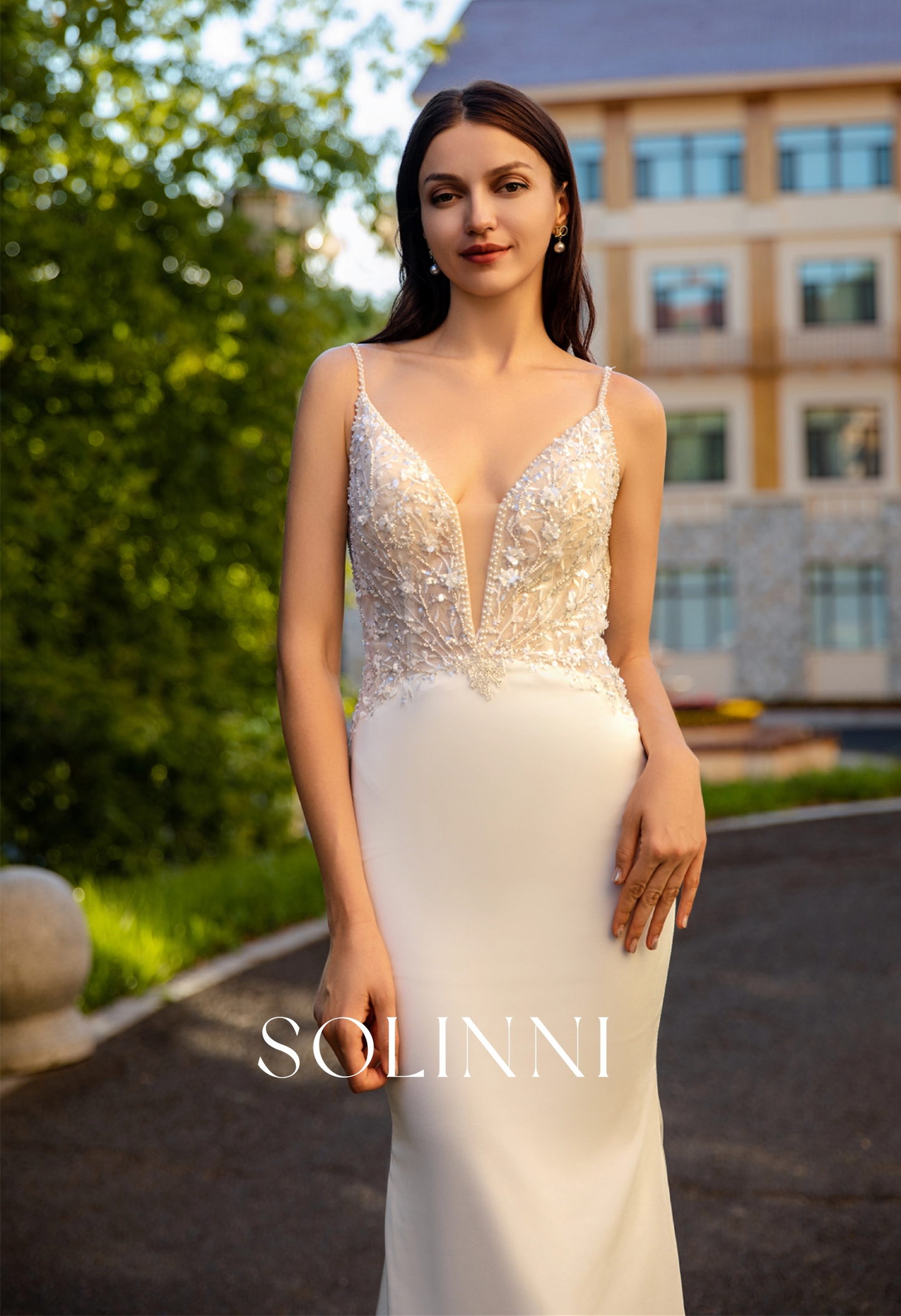 Italian Satin Wedding Dress with 3D Floral Lace and Deep V-Neckline