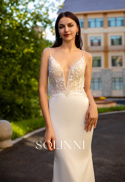 Italian Satin Wedding Dress with 3D Floral Lace and Deep V-Neckline