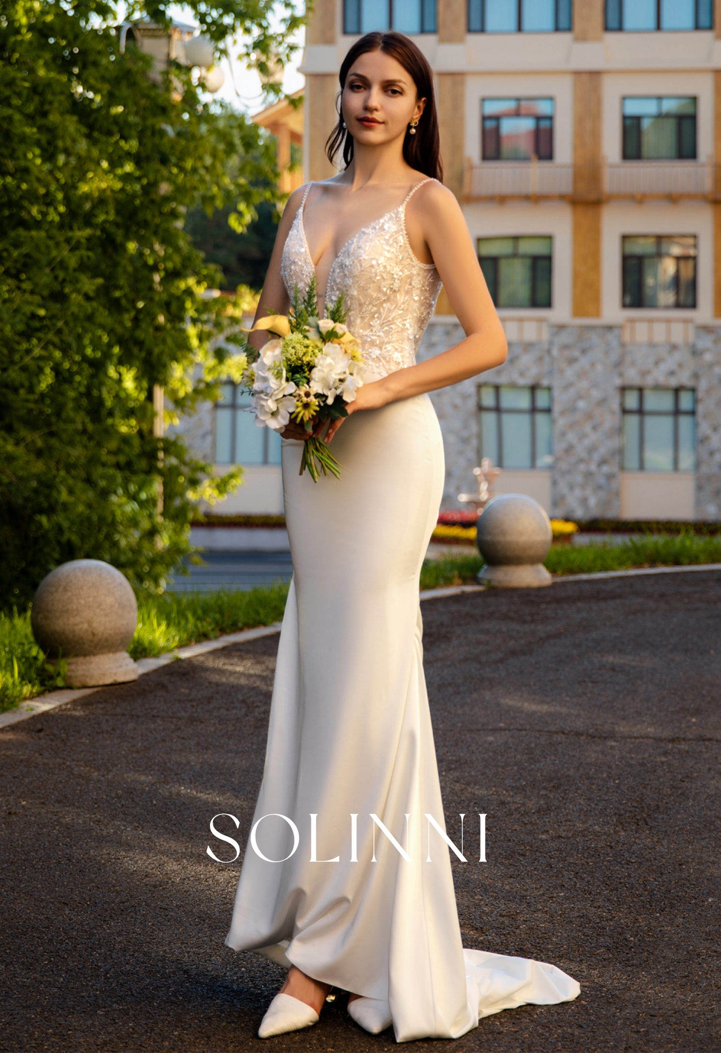 Italian Satin Wedding Dress with 3D Floral Lace and Deep V-Neckline