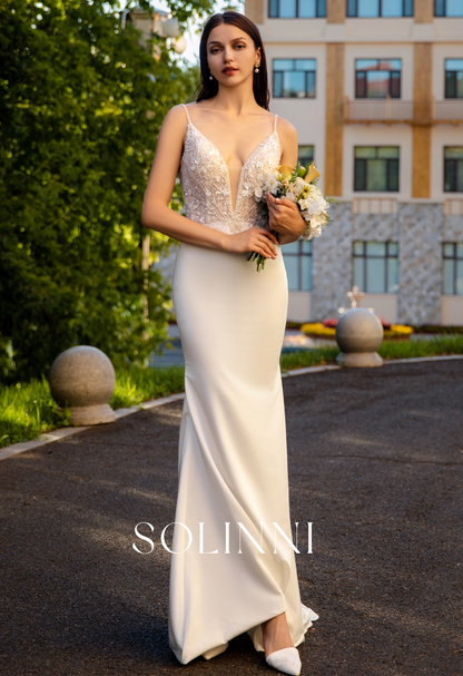 Italian Satin Wedding Dress with 3D Floral Lace and Deep V-Neckline