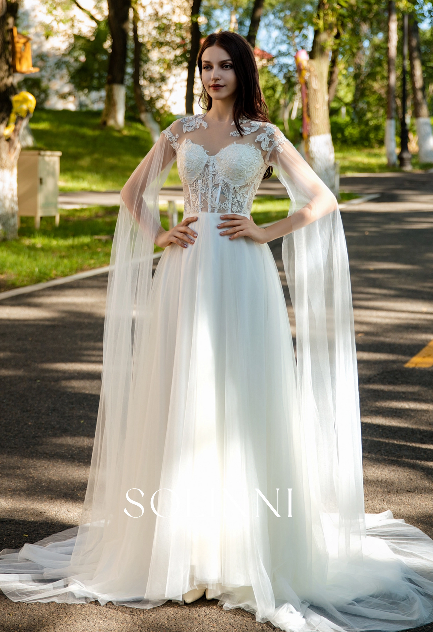 Lightweight Bridal Gown with 3D Lace and Sheer Cape Sleeves