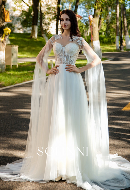 Lightweight Bridal Gown with 3D Lace and Sheer Cape Sleeves