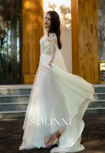 Lightweight Bridal Gown with 3D Lace and Sheer Cape Sleeves