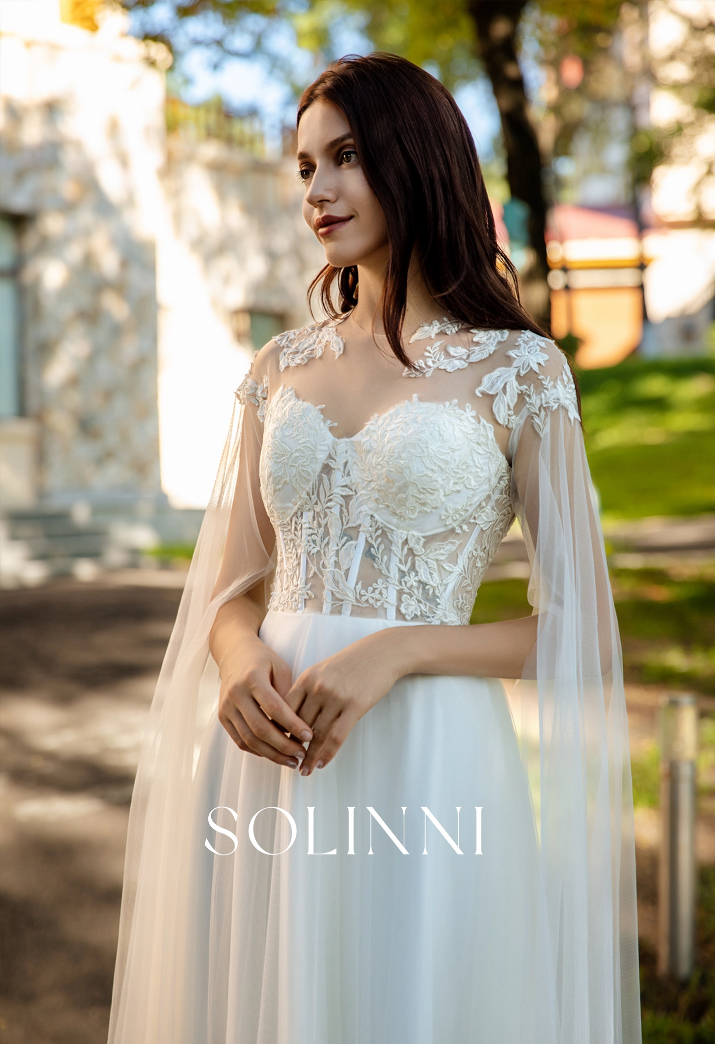 Lightweight Bridal Gown with 3D Lace and Sheer Cape Sleeves