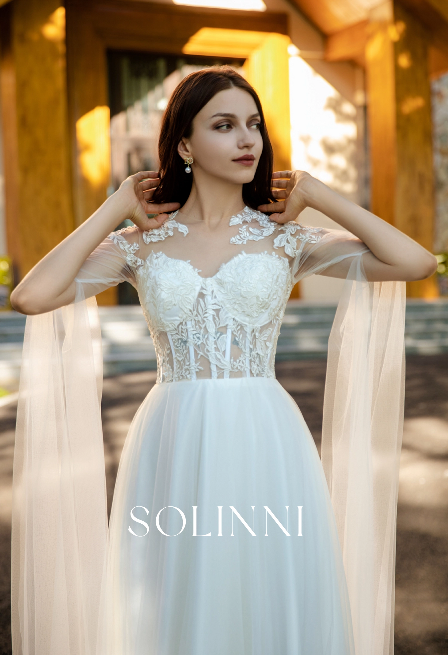 Lightweight Bridal Gown with 3D Lace and Sheer Cape Sleeves