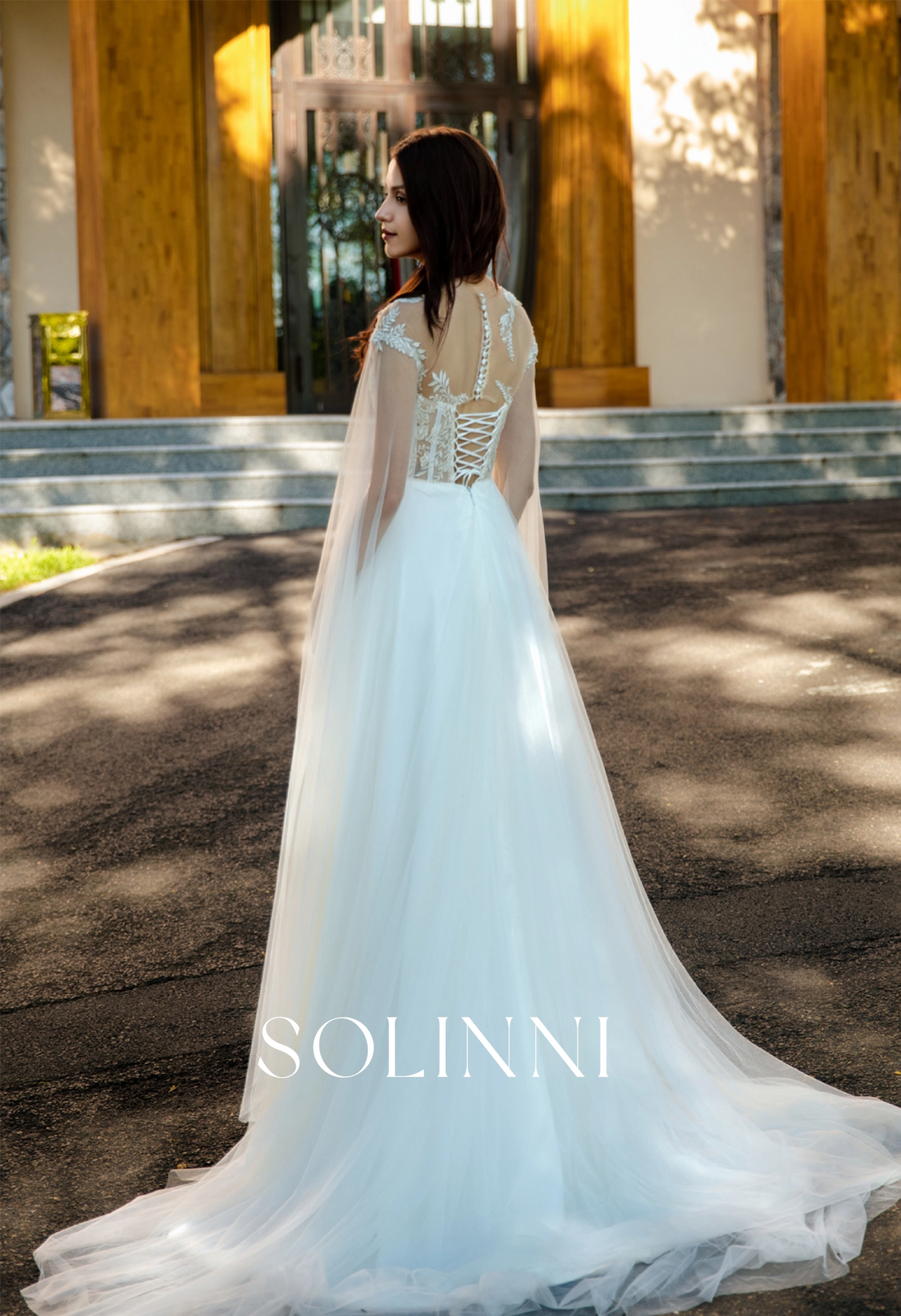 Lightweight Bridal Gown with 3D Lace and Sheer Cape Sleeves