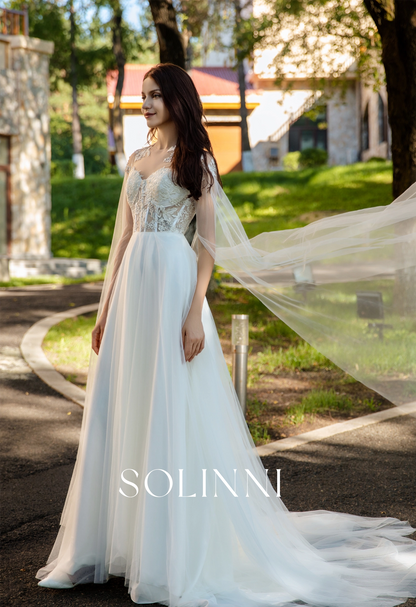 Lightweight Bridal Gown with 3D Lace and Sheer Cape Sleeves