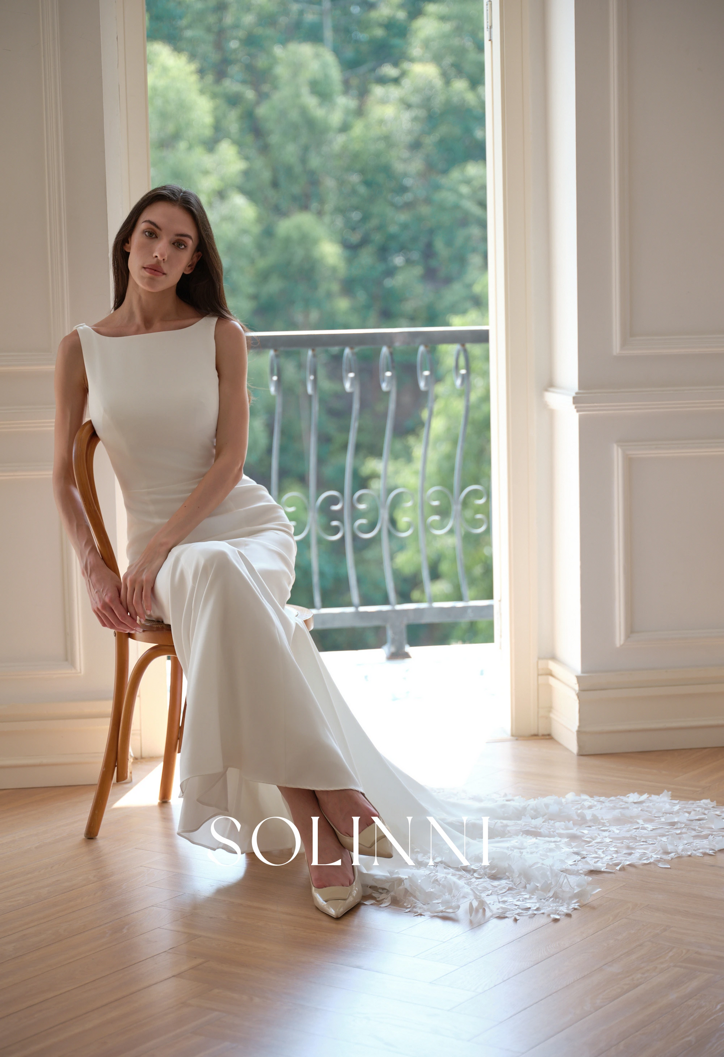 Lior – Minimalist Crepe Wedding Dress with Cowl Back and Petal Train