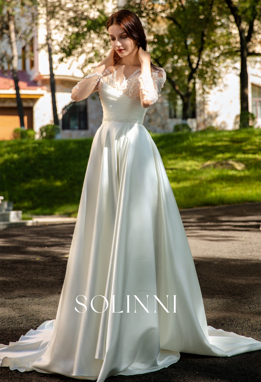 Pearlescent Satin Bridal Gown with Beaded Lace Neckline