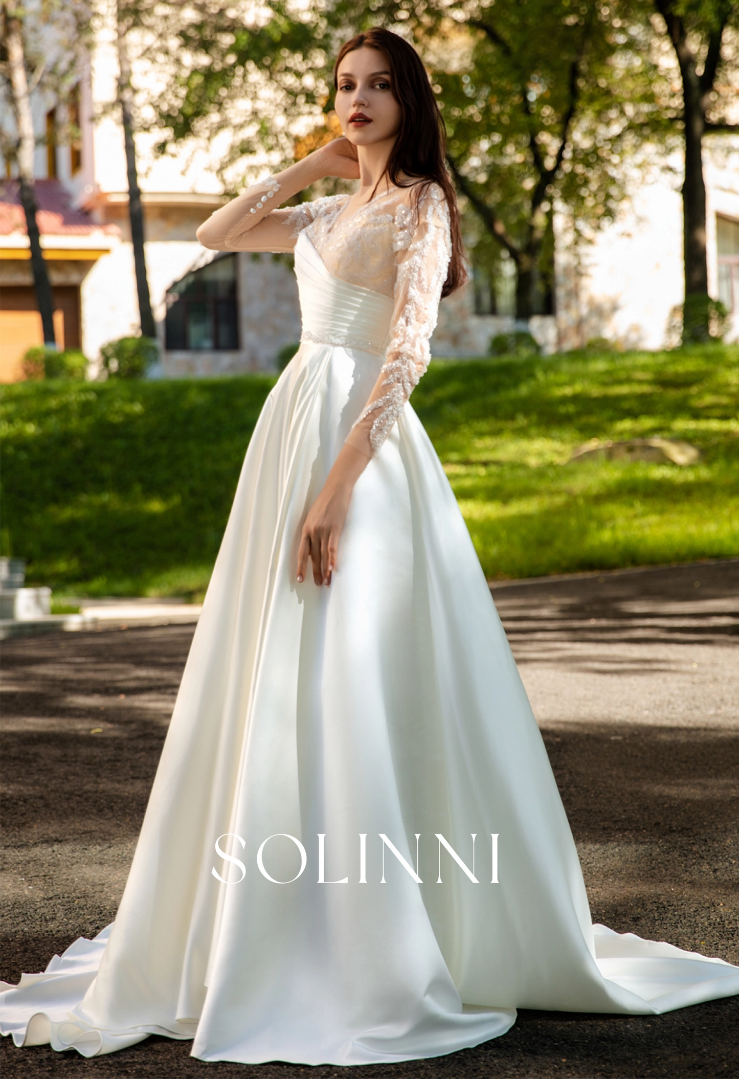 Pearlescent Satin Bridal Gown with Beaded Lace Neckline