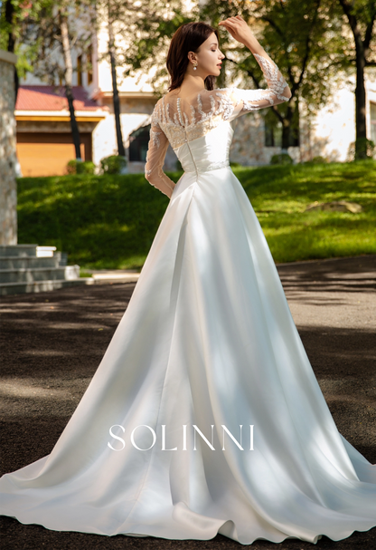 Pearlescent Satin Bridal Gown with Beaded Lace Neckline