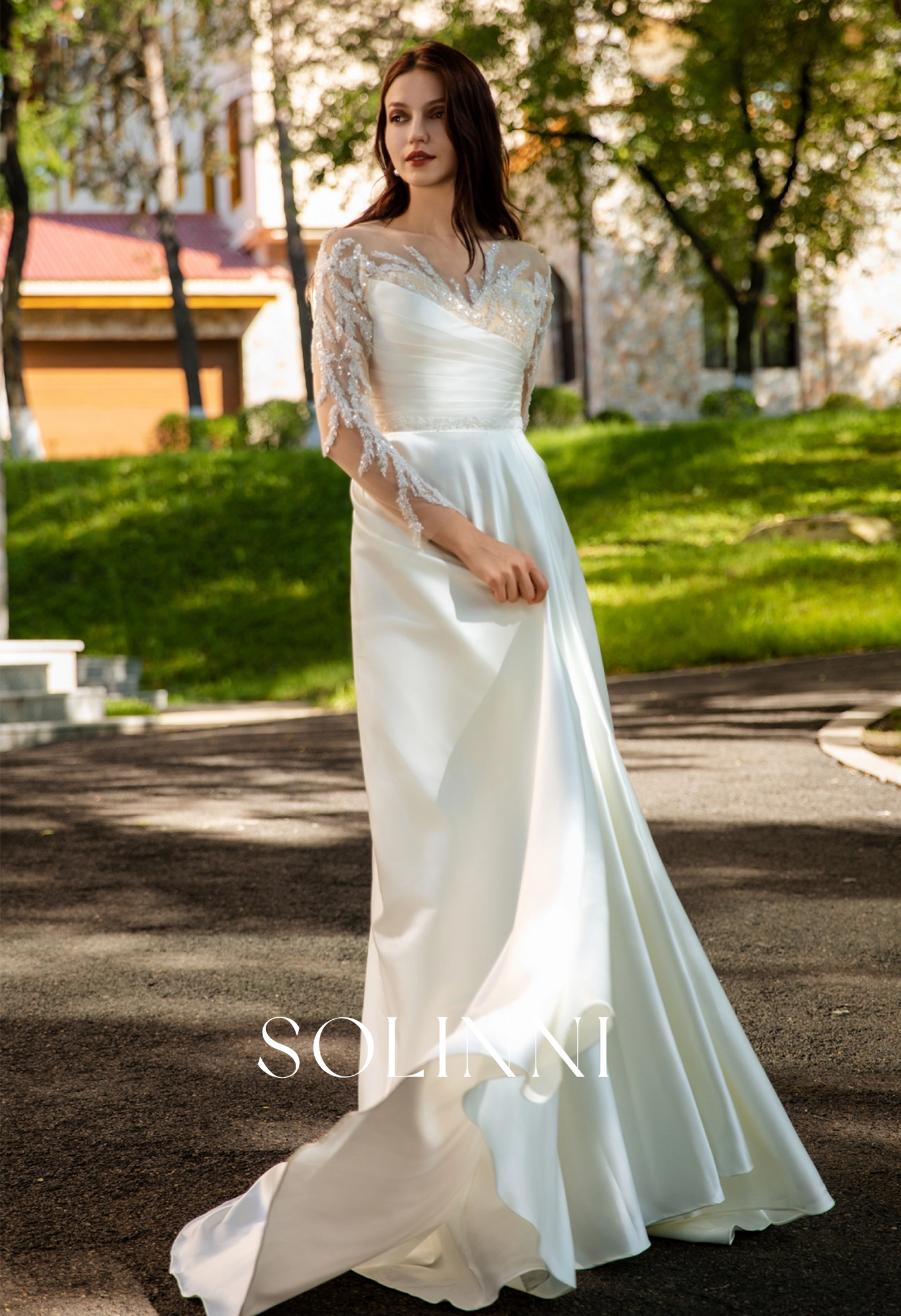 Pearlescent Satin Bridal Gown with Beaded Lace Neckline