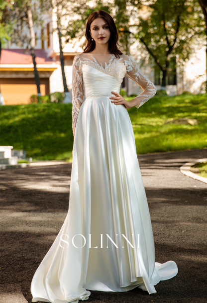 Pearlescent Satin Bridal Gown with Beaded Lace Neckline