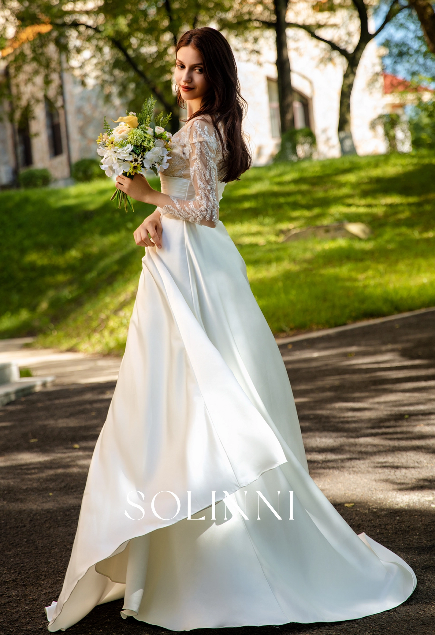Pearlescent Satin Bridal Gown with Beaded Lace Neckline