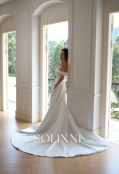 Reese – Off Shoulder Minimalist Satin Wedding Dress