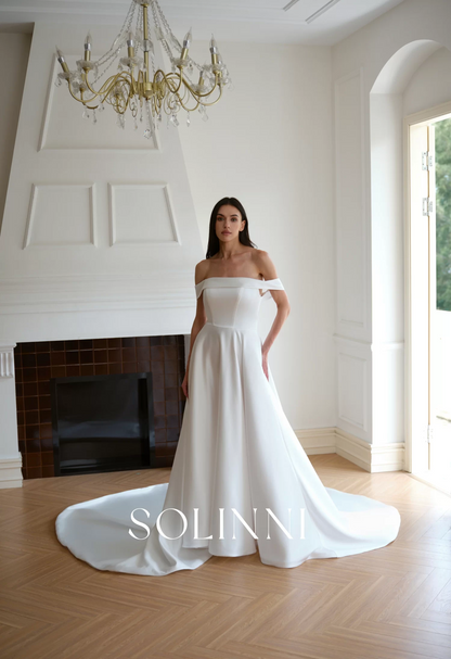 Reese – Off Shoulder Minimalist Satin Wedding Dress