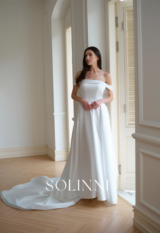 Reese – Off Shoulder Minimalist Satin Wedding Dress
