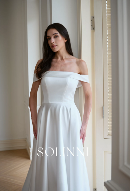 Reese – Off Shoulder Minimalist Satin Wedding Dress