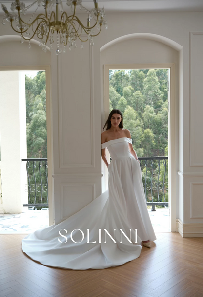 Reese – Off Shoulder Minimalist Satin Wedding Dress