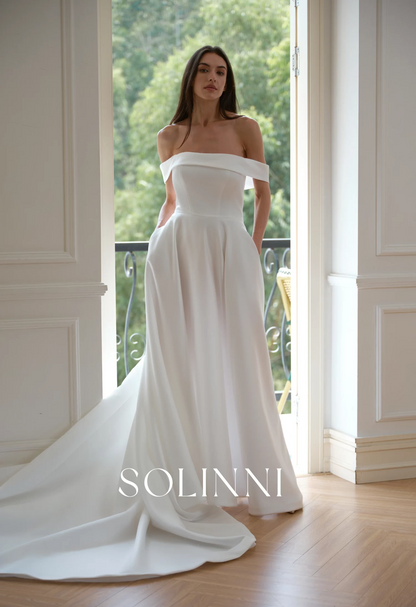 Reese – Off Shoulder Minimalist Satin Wedding Dress