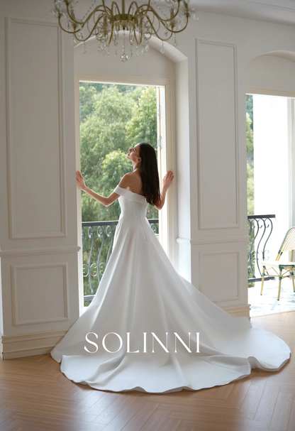 Reese – Off Shoulder Minimalist Satin Wedding Dress