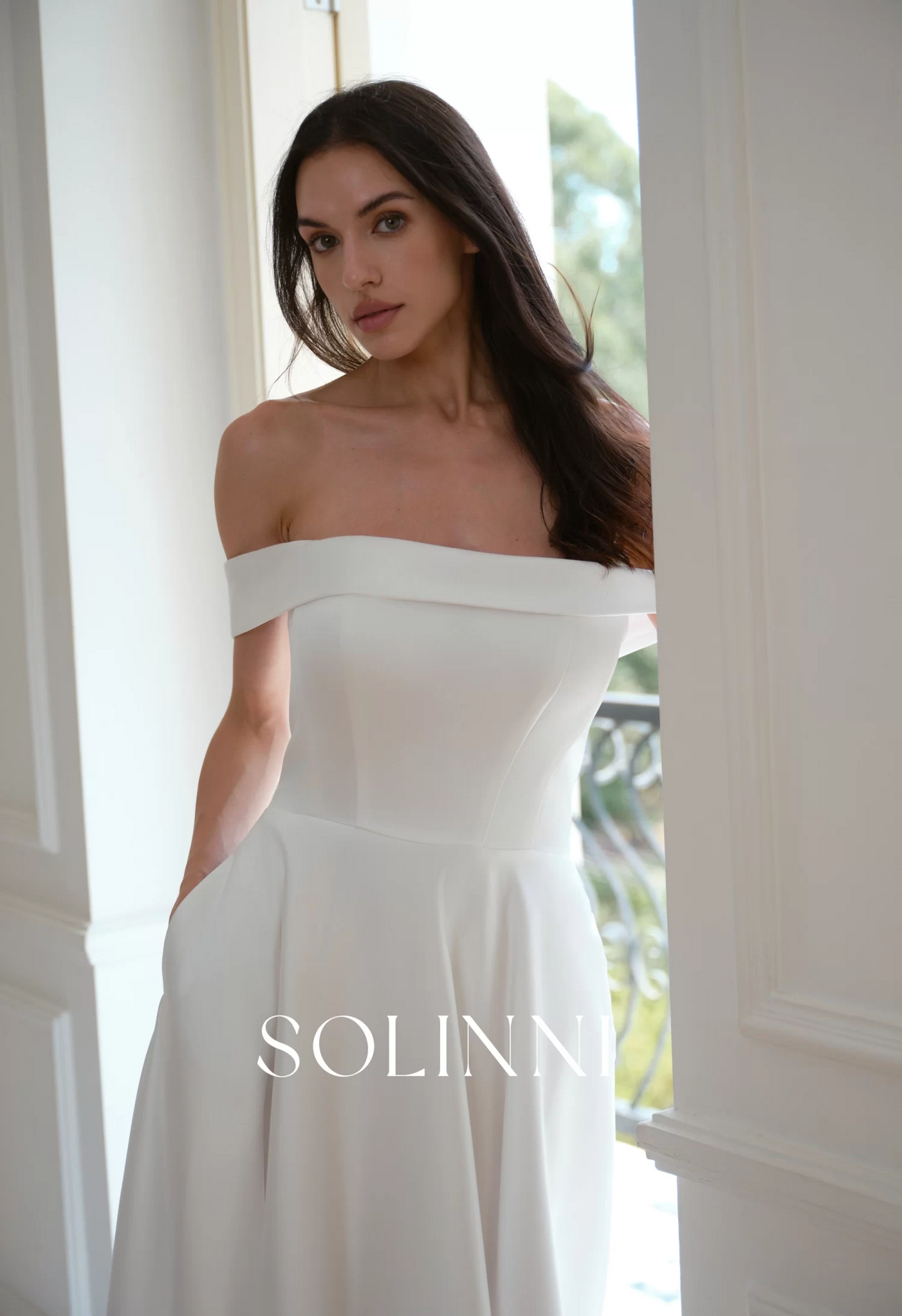 Reese – Off Shoulder Minimalist Satin Wedding Dress