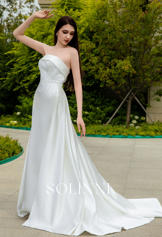 Sleek Satin Bridal Gown with Pearl-Embellished Waist and Sweep Train