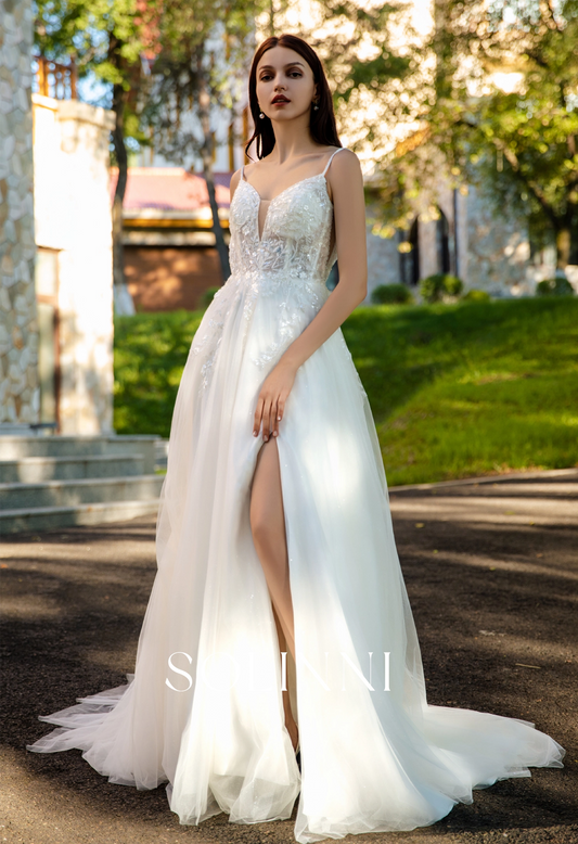 Sparkling Tulle Bridal Gown with Intricate Lace and Elegant Slit
