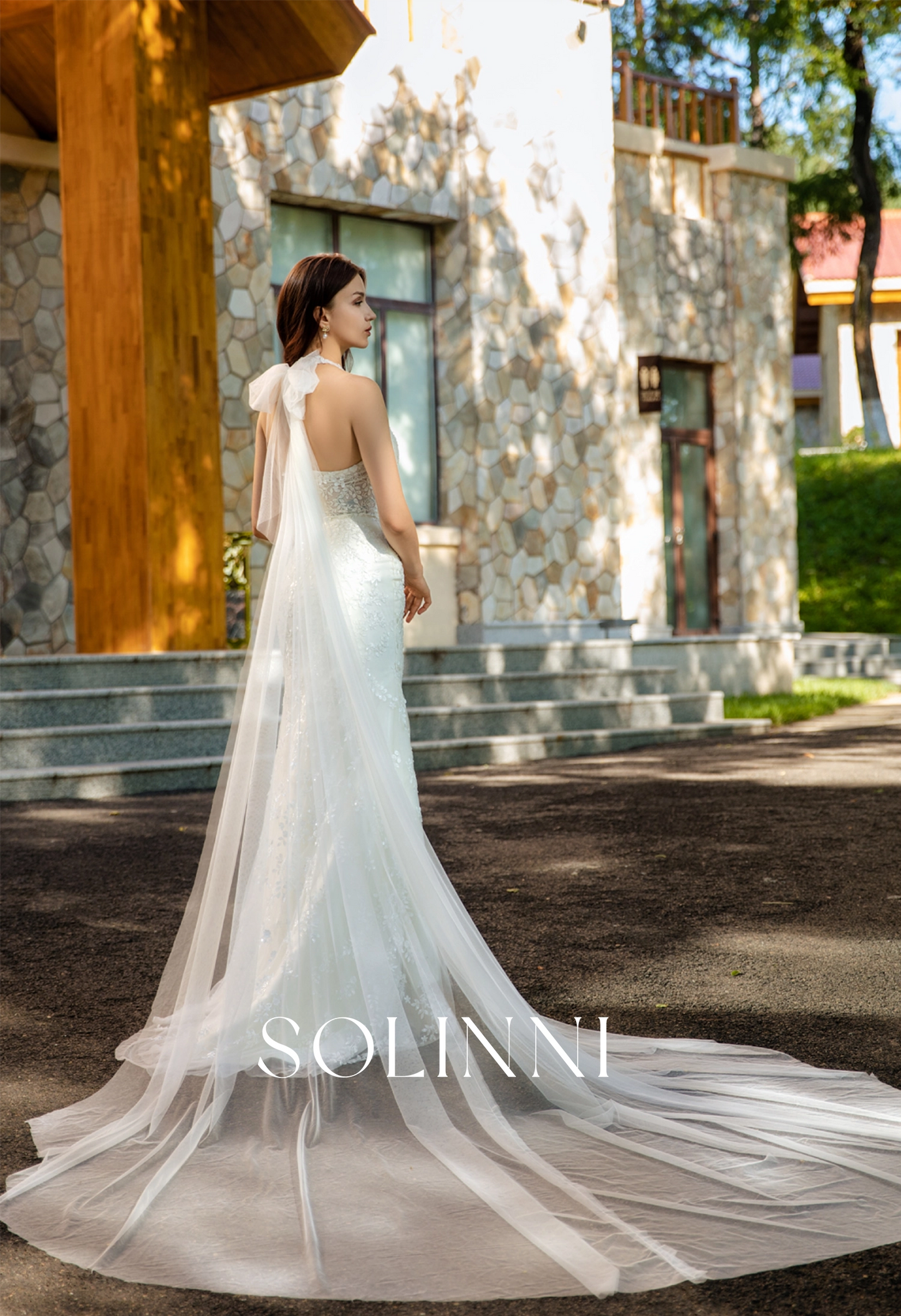 3D Lace Wedding Gown with Detachable Halter Bow Train