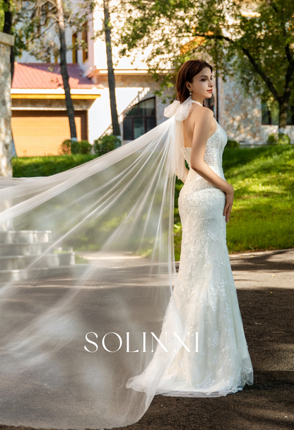 3D Lace Wedding Gown with Detachable Halter Bow Train