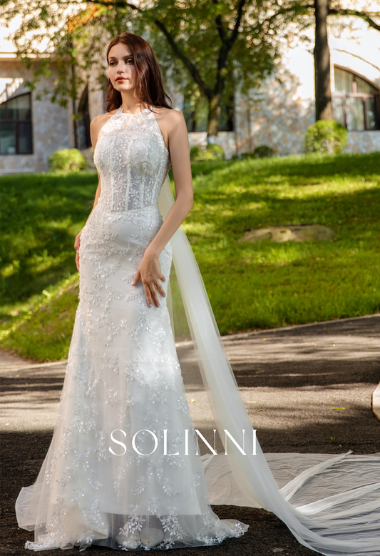 3D Lace Wedding Gown with Detachable Halter Bow Train
