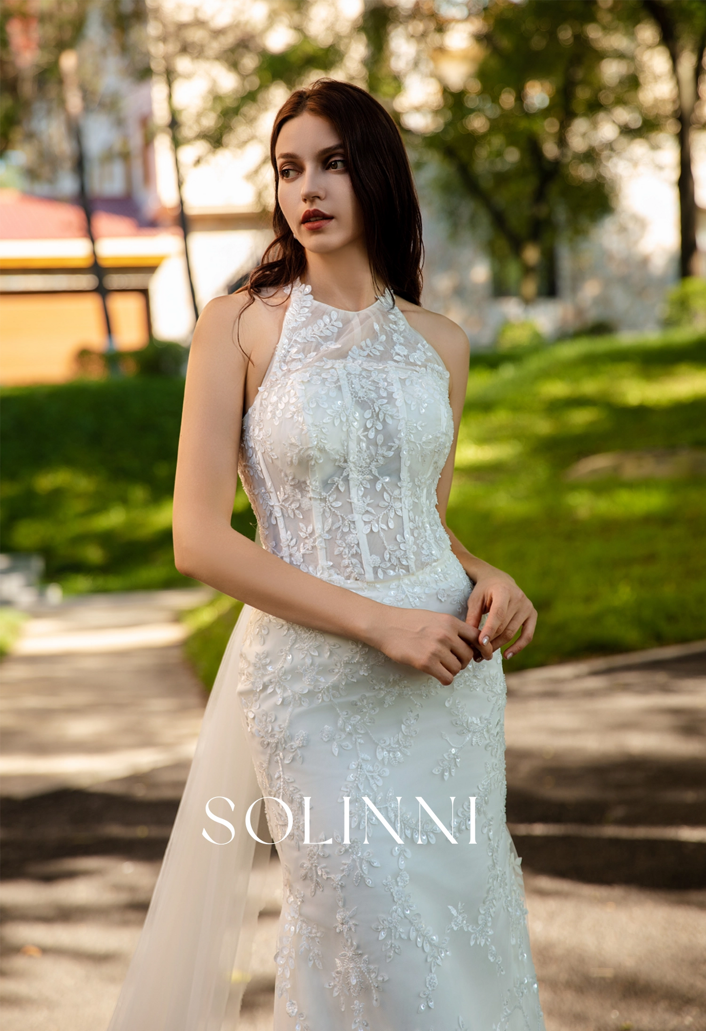 3D Lace Wedding Gown with Detachable Halter Bow Train