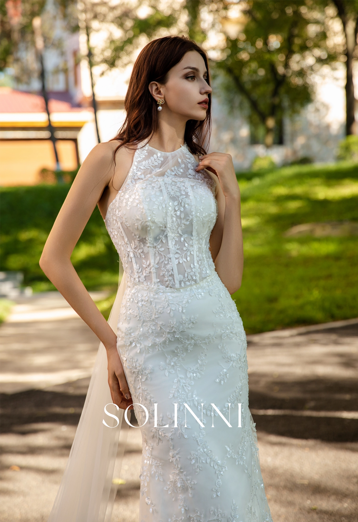 3D Lace Wedding Gown with Detachable Halter Bow Train