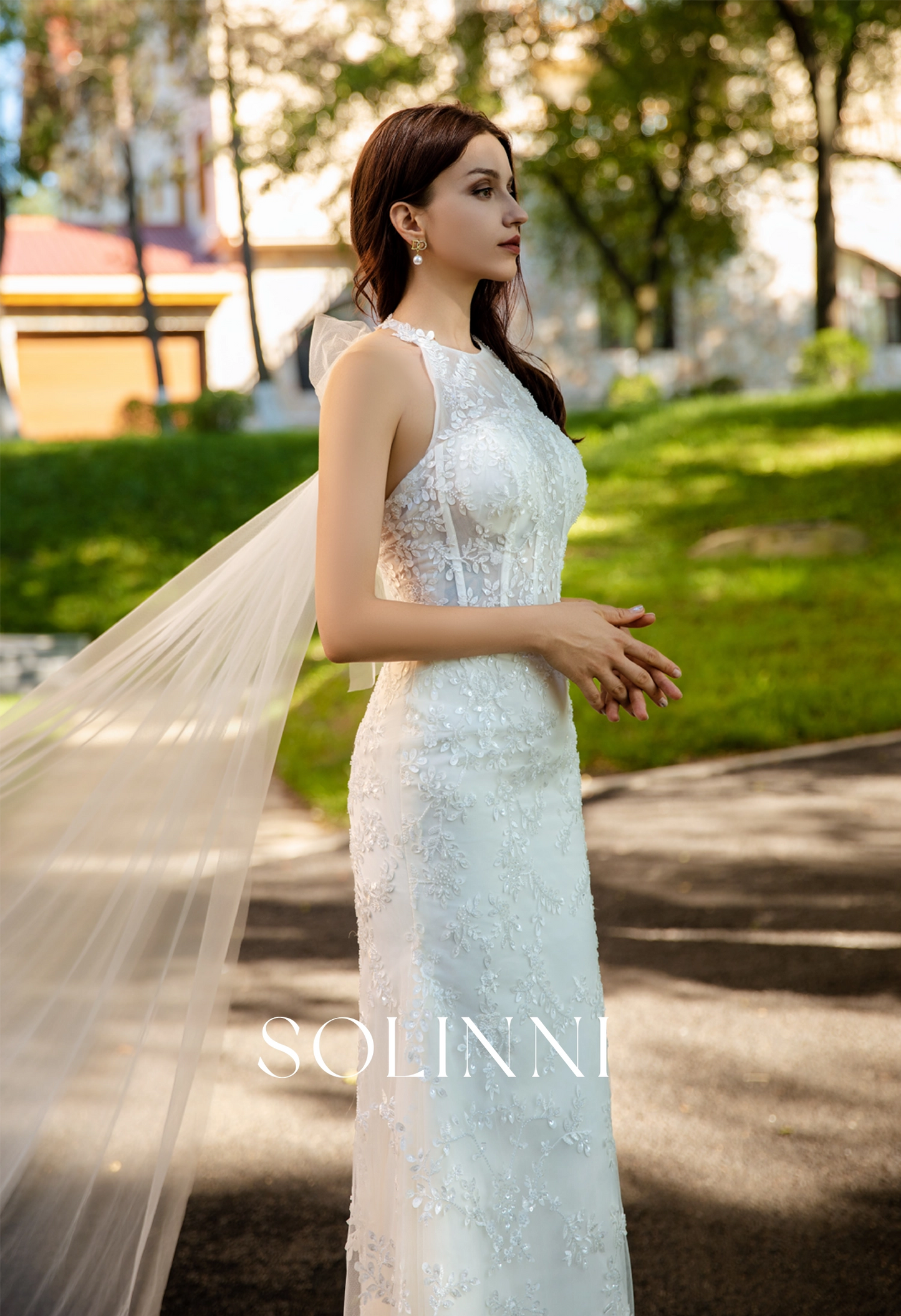 3D Lace Wedding Gown with Detachable Halter Bow Train