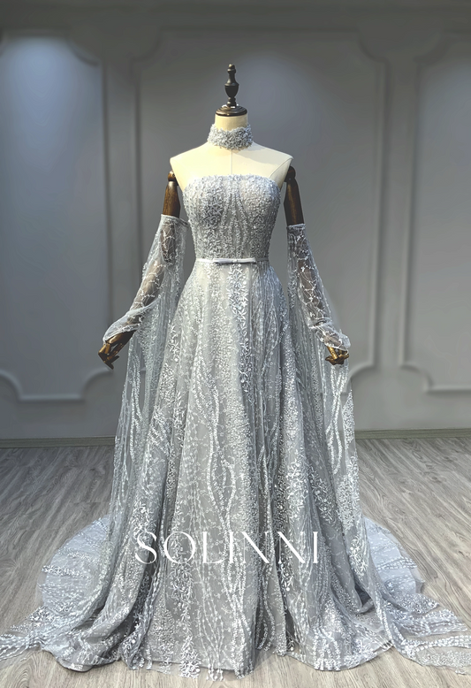 Beaded Gown with Detachable Collar and Sleeves