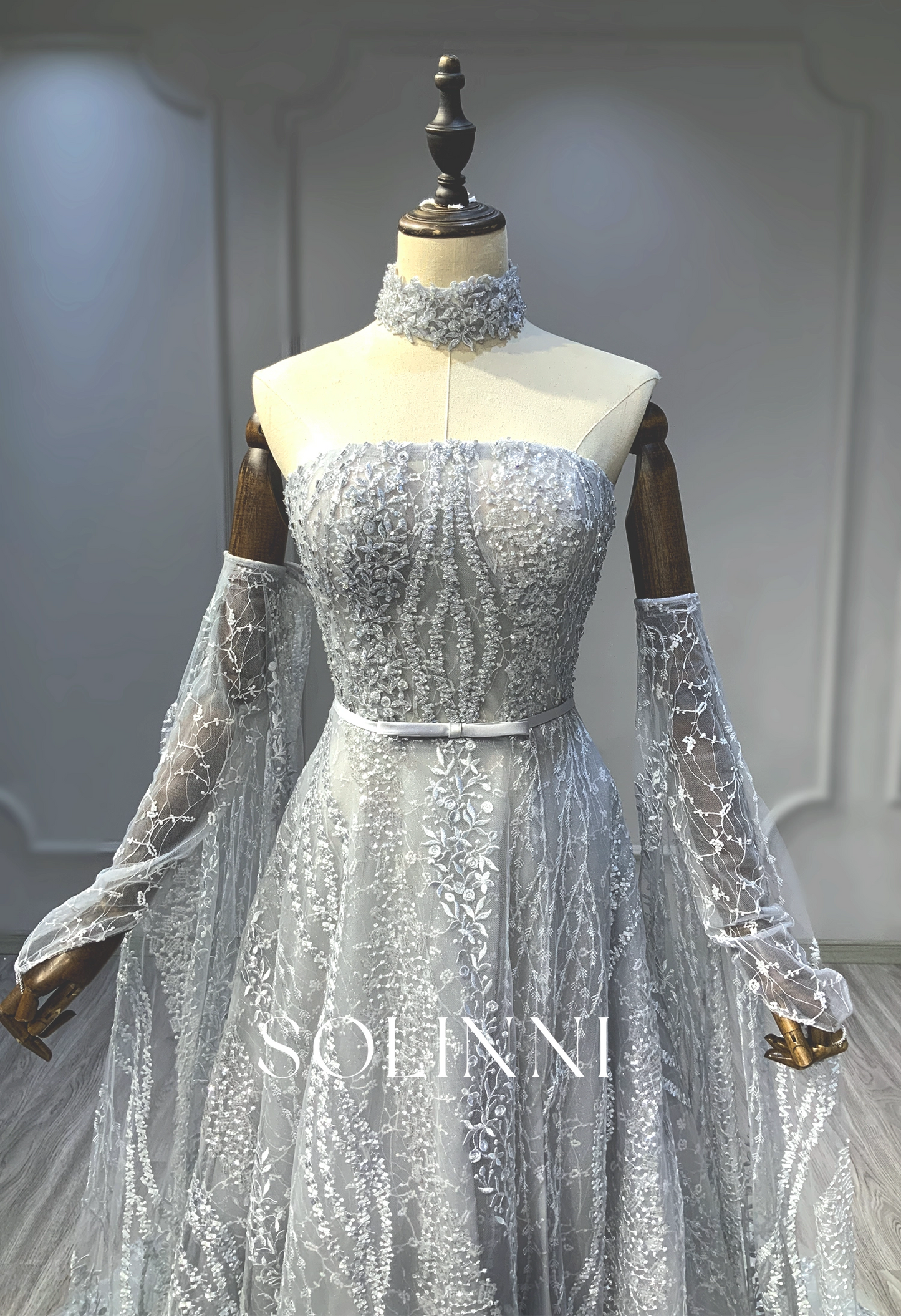 Beaded Gown with Detachable Collar and Sleeves