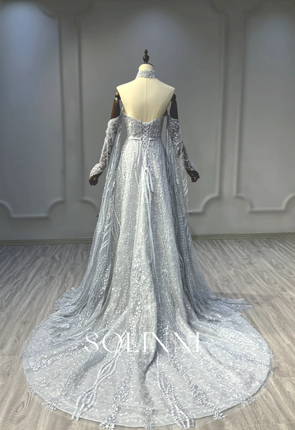 Beaded Gown with Detachable Collar and Sleeves