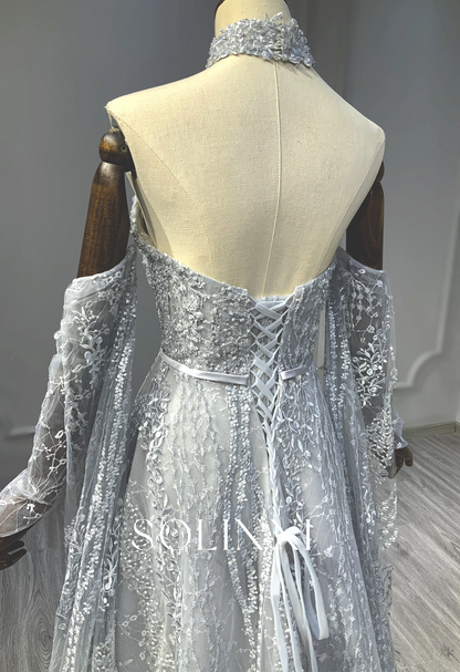 Beaded Gown with Detachable Collar and Sleeves