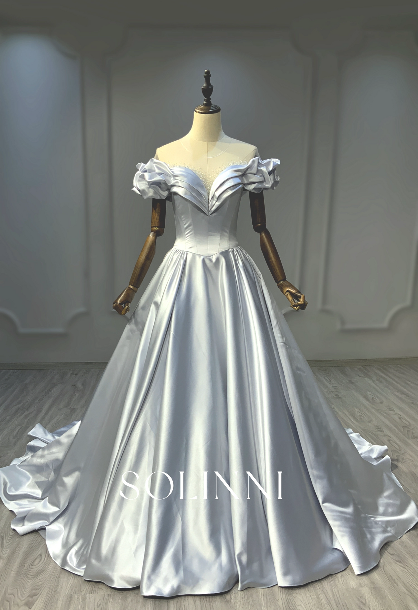 Satin Ball Gown with Beaded Illusion Neckline
