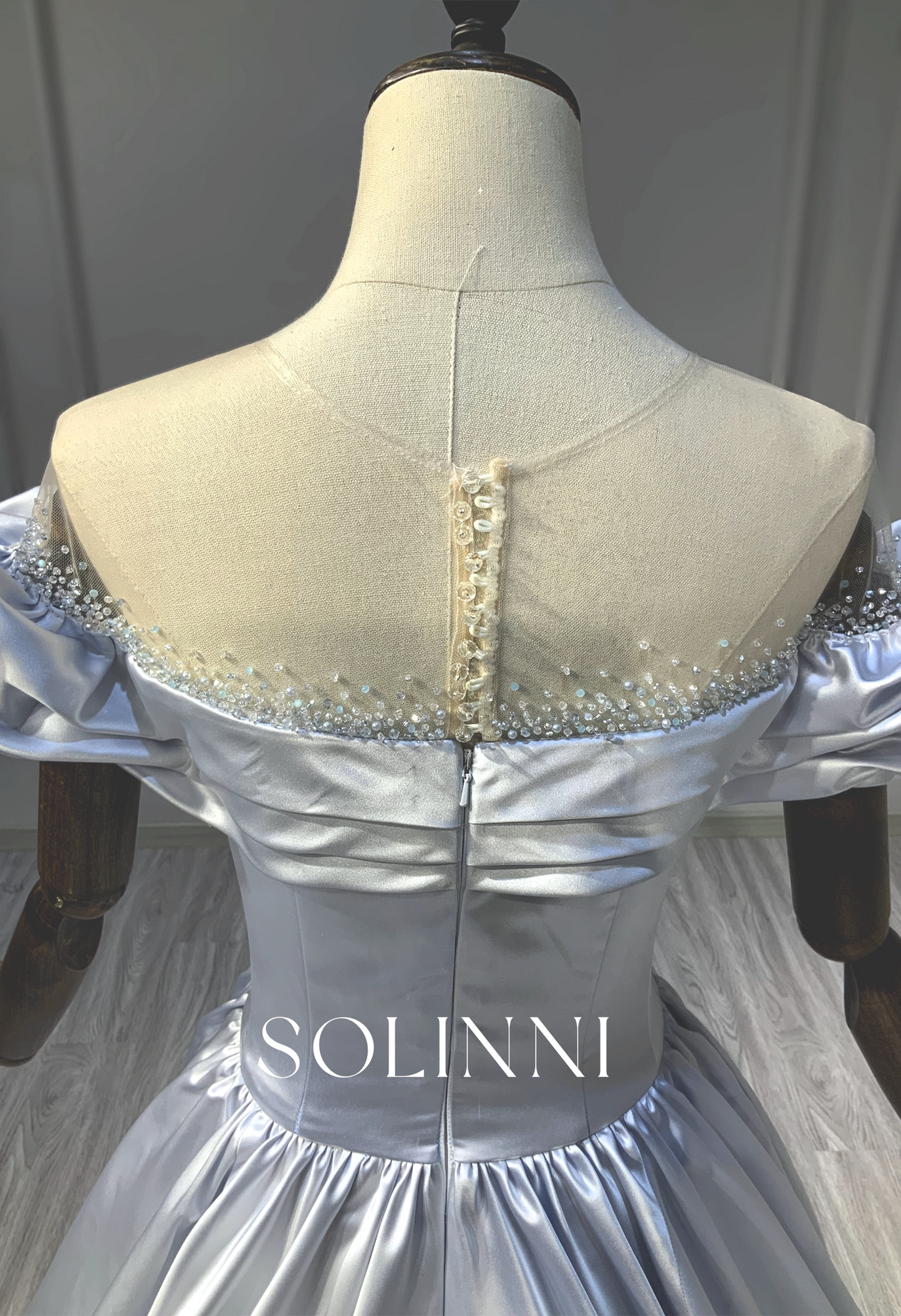Satin Ball Gown with Beaded Illusion Neckline