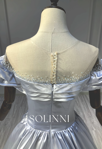 Satin Ball Gown with Beaded Illusion Neckline