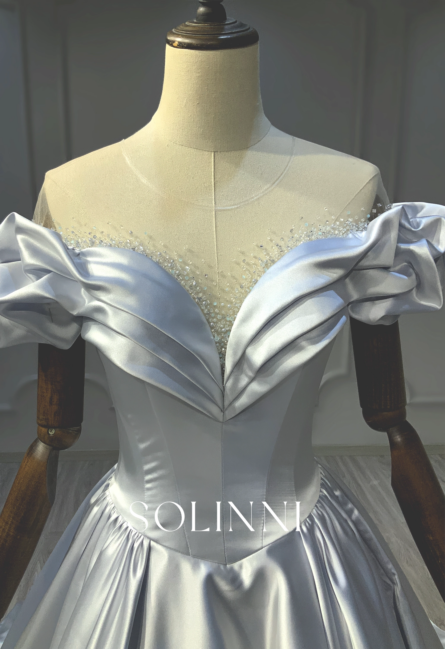 Satin Ball Gown with Beaded Illusion Neckline