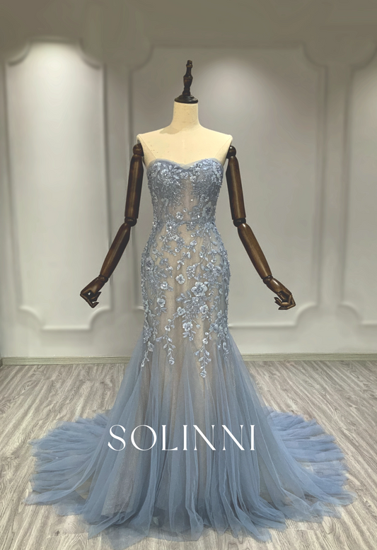 Blue Strapless Mermaid Gown with Floral Lace
