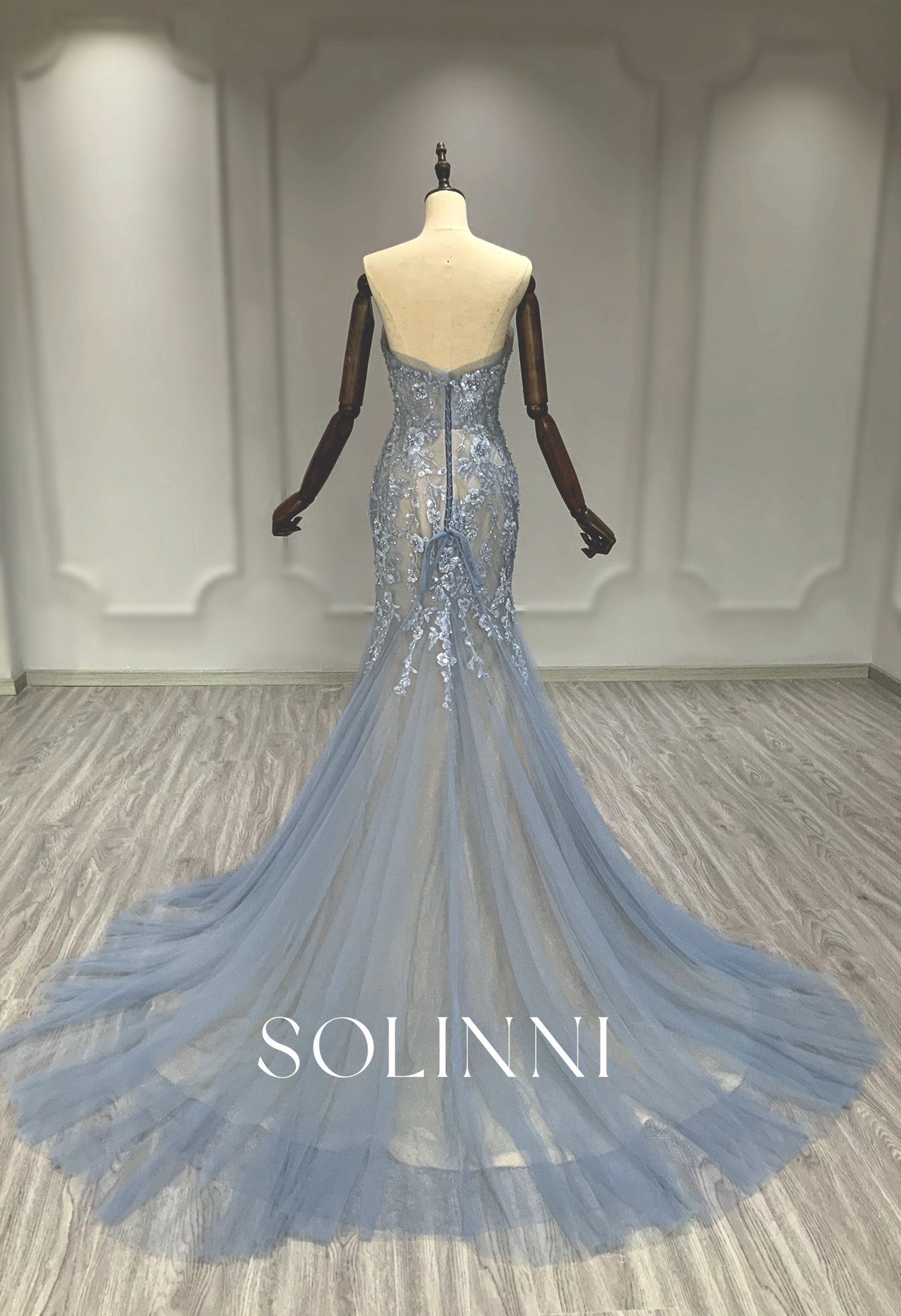Blue Strapless Mermaid Gown with Floral Lace