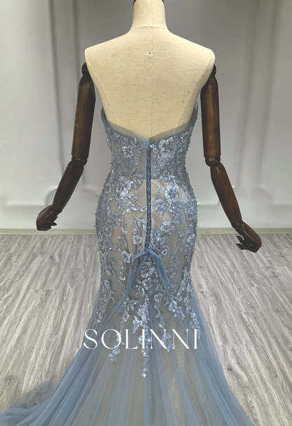 Blue Strapless Mermaid Gown with Floral Lace