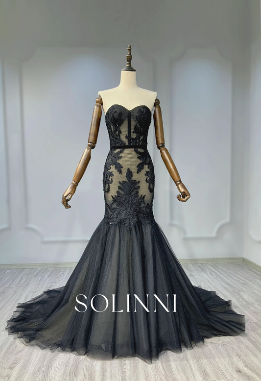 Black Lace Mermaid Gown with Dramatic Tulle Train