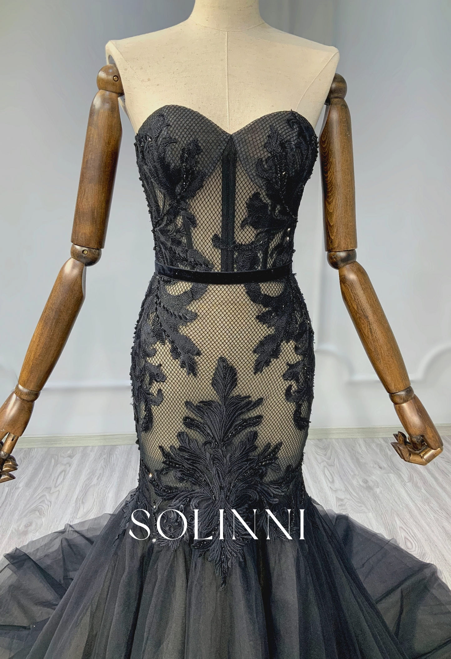 Black Lace Mermaid Gown with Dramatic Tulle Train