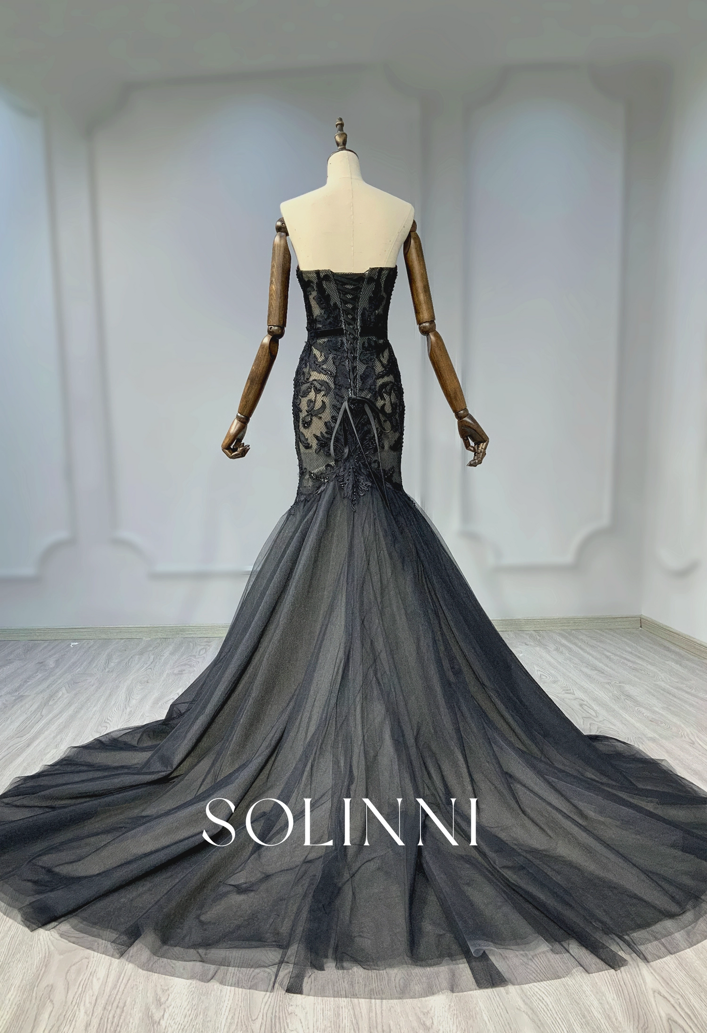 Black Lace Mermaid Gown with Dramatic Tulle Train